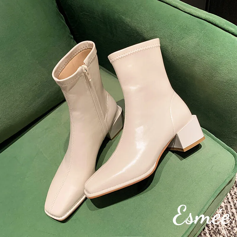 Leather Ankle Boots with Block Heels