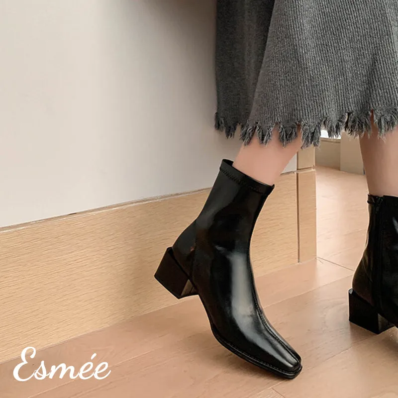 Leather Ankle Boots with Block Heels