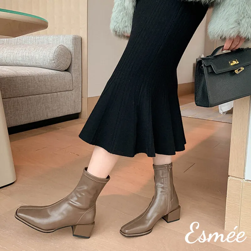 Leather Ankle Boots with Block Heels