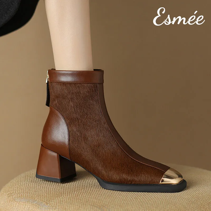 Leather Ankle Boots with Horsehair Design and Metal Toe Cap