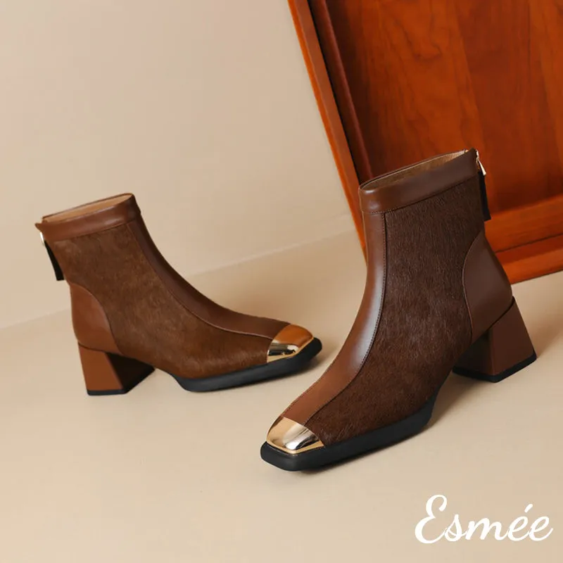 Leather Ankle Boots with Horsehair Design and Metal Toe Cap