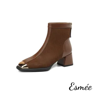 Leather Ankle Boots with Horsehair Design and Metal Toe Cap