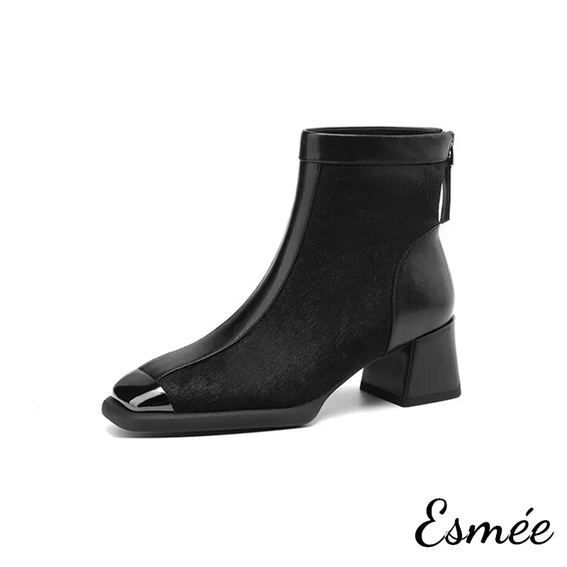 Leather Ankle Boots with Horsehair Design and Metal Toe Cap