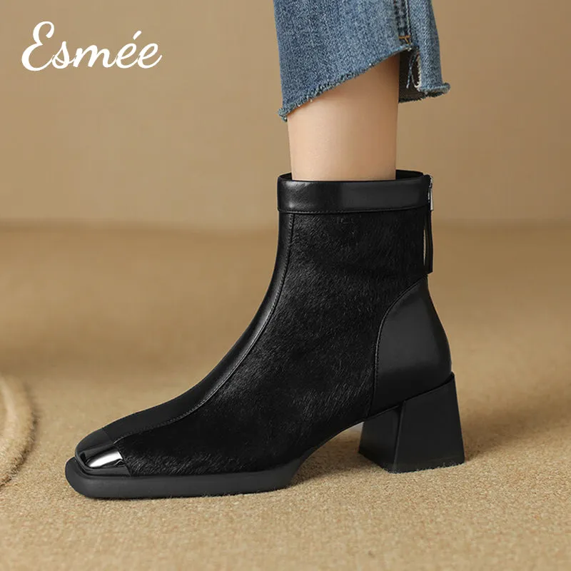 Leather Ankle Boots with Horsehair Design and Metal Toe Cap