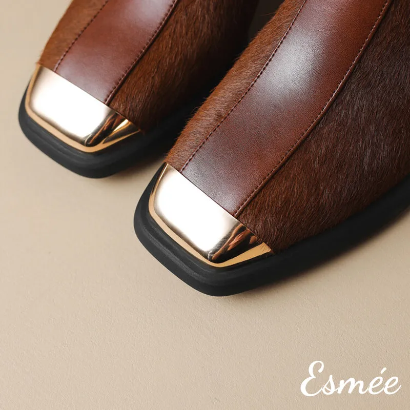 Leather Ankle Boots with Horsehair Design and Metal Toe Cap
