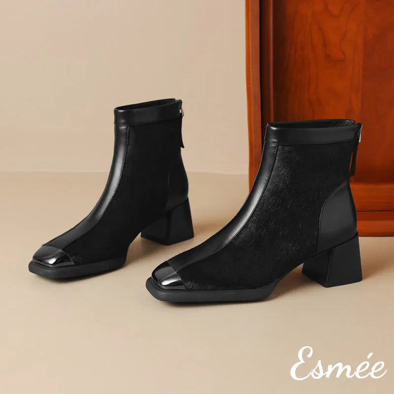 Leather Ankle Boots with Horsehair Design and Metal Toe Cap