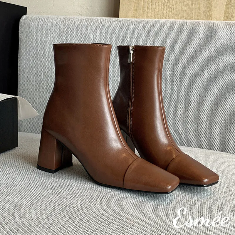 Leather Ankle Boots with Squared Toe and Block Heels