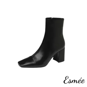 Leather Ankle Boots with Squared Toe and Block Heels