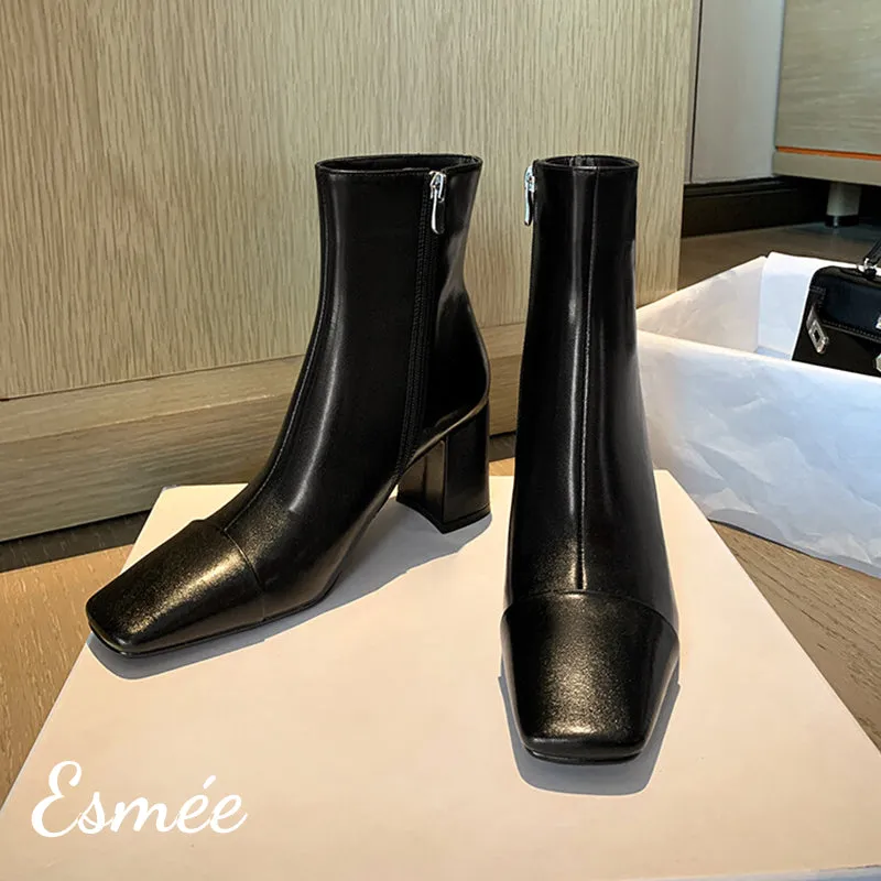 Leather Ankle Boots with Squared Toe and Block Heels