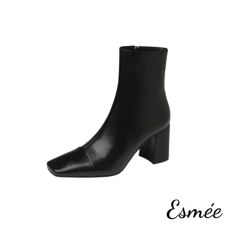 Leather Ankle Boots with Squared Toe and Block Heels