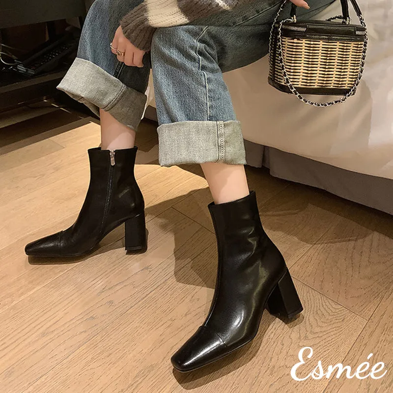 Leather Ankle Boots with Squared Toe and Block Heels