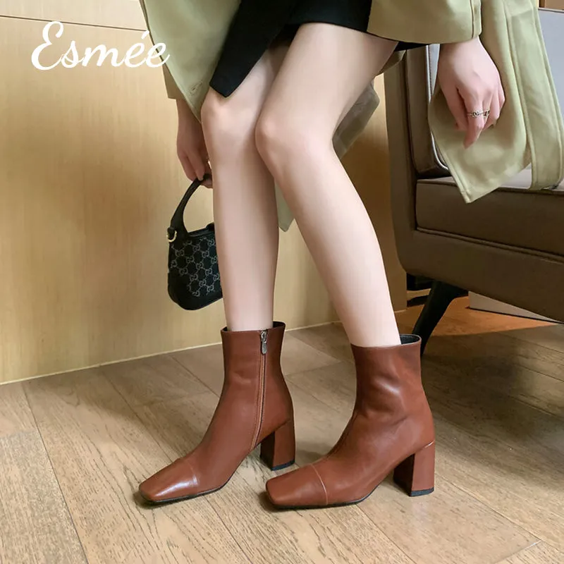 Leather Ankle Boots with Squared Toe and Block Heels