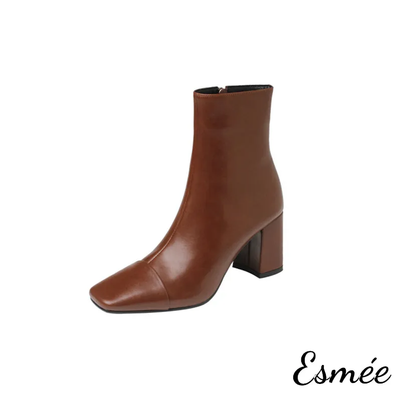 Leather Ankle Boots with Squared Toe and Block Heels