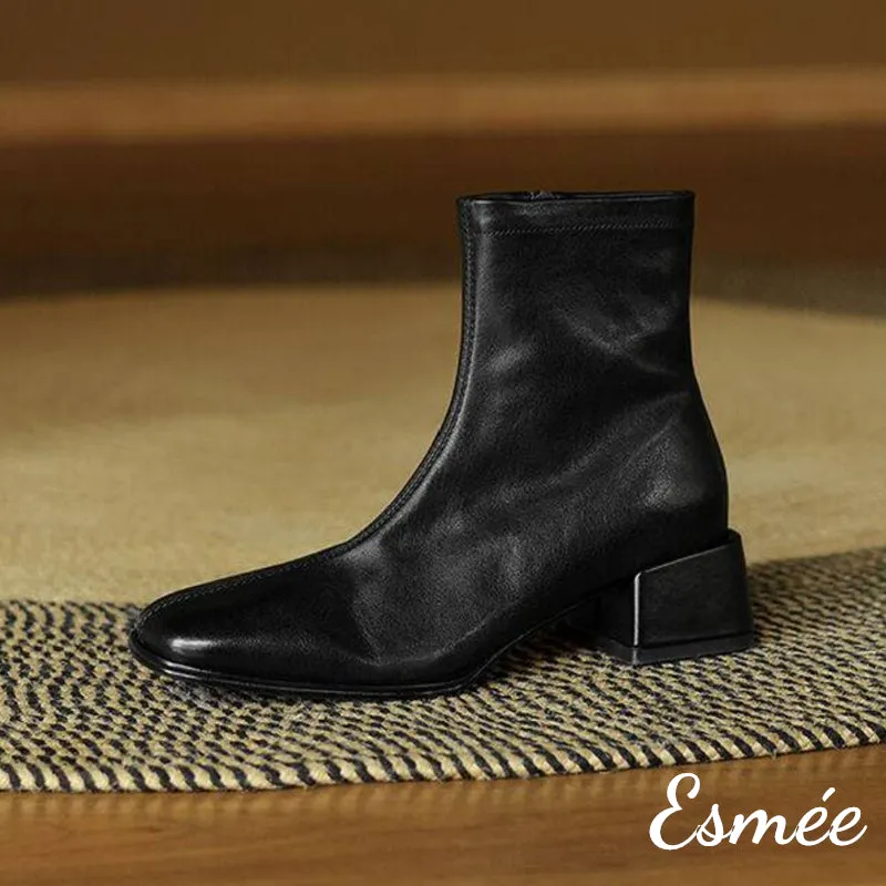 Leather Ankle Boots with Squared Toe Design