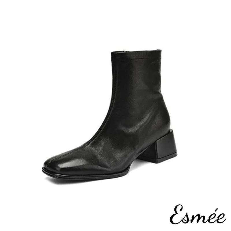 Leather Ankle Boots with Squared Toe Design