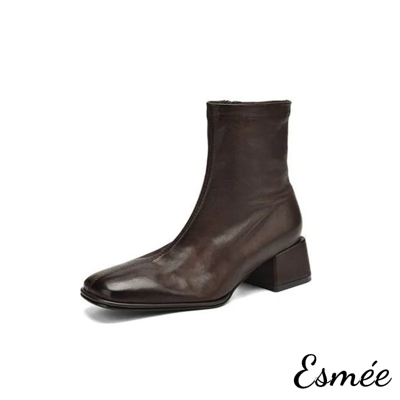 Leather Ankle Boots with Squared Toe Design