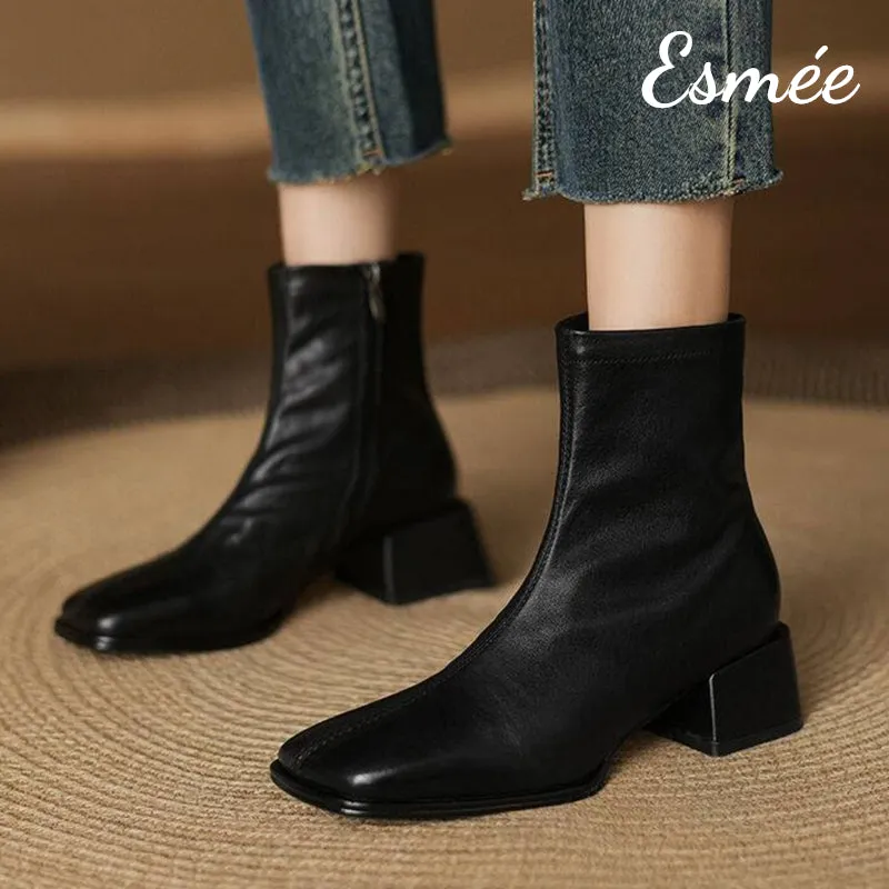 Leather Ankle Boots with Squared Toe Design