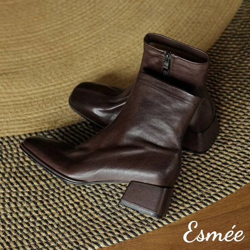 Leather Ankle Boots with Squared Toe Design