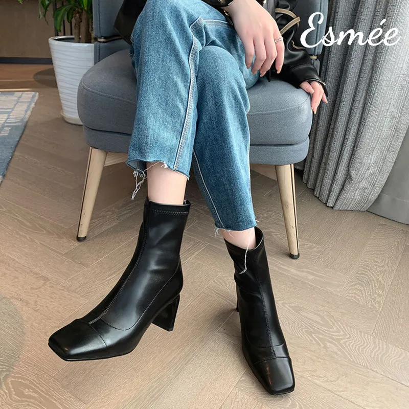Leather Ankle Boots with Thin Block Heels