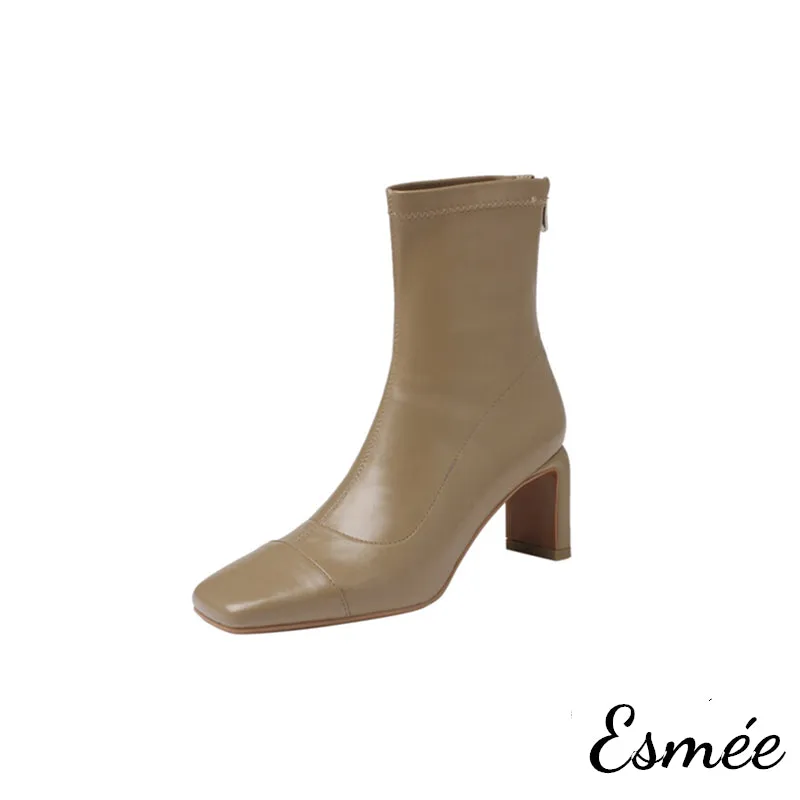 Leather Ankle Boots with Thin Block Heels