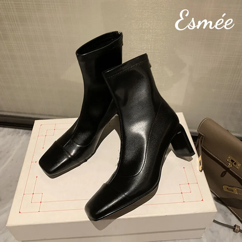 Leather Ankle Boots with Thin Block Heels