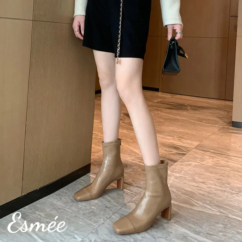 Leather Ankle Boots with Thin Block Heels