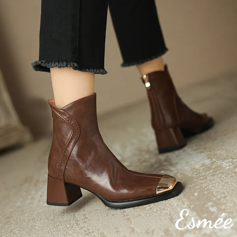 Leather High Heel Ankle Boots with Special Cutting and Golden Toe Cap
