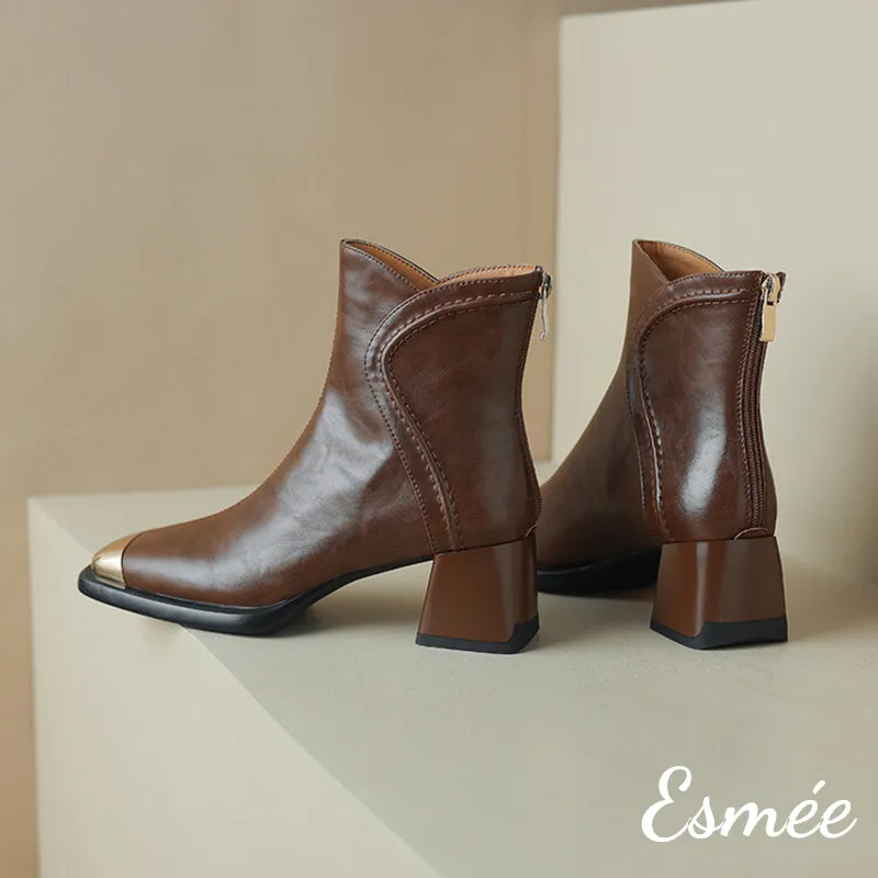 Leather High Heel Ankle Boots with Special Cutting and Golden Toe Cap