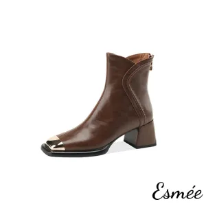 Leather High Heel Ankle Boots with Special Cutting and Golden Toe Cap