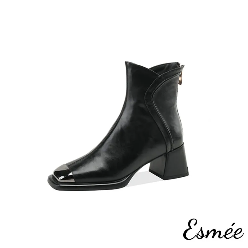 Leather High Heel Ankle Boots with Special Cutting and Golden Toe Cap