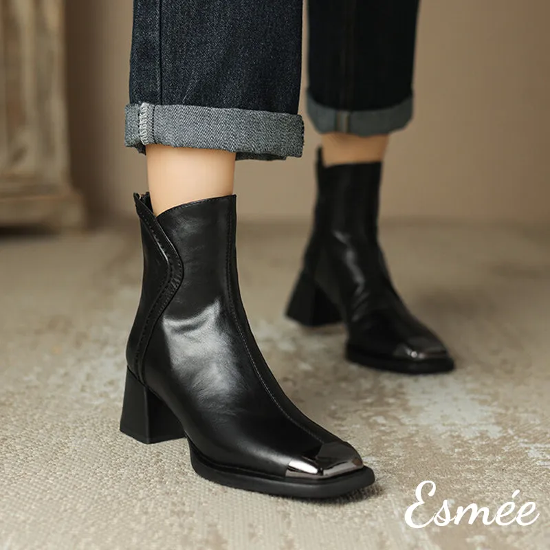 Leather High Heel Ankle Boots with Special Cutting and Golden Toe Cap