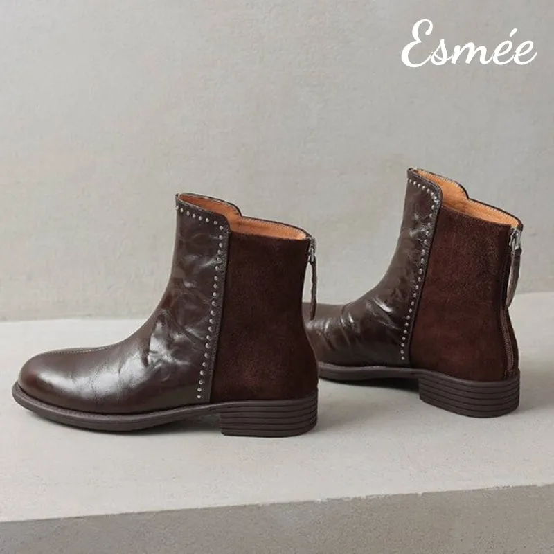 Leather Suede Ankle Boots with Rhinestone Design
