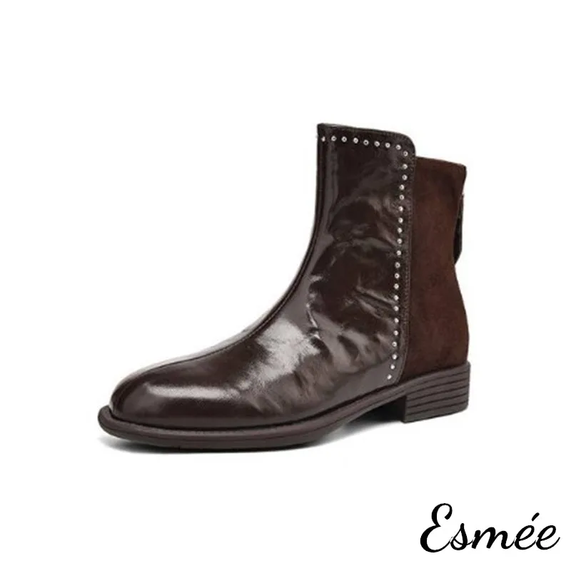 Leather Suede Ankle Boots with Rhinestone Design