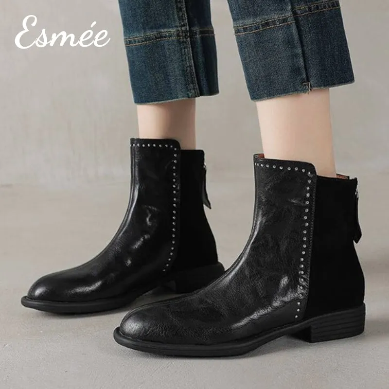 Leather Suede Ankle Boots with Rhinestone Design