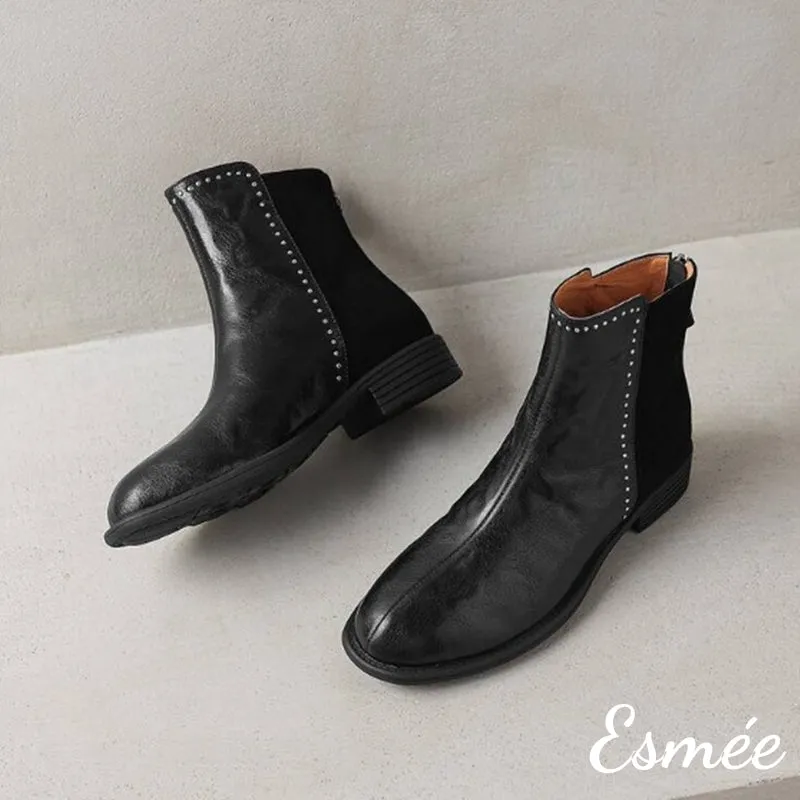 Leather Suede Ankle Boots with Rhinestone Design