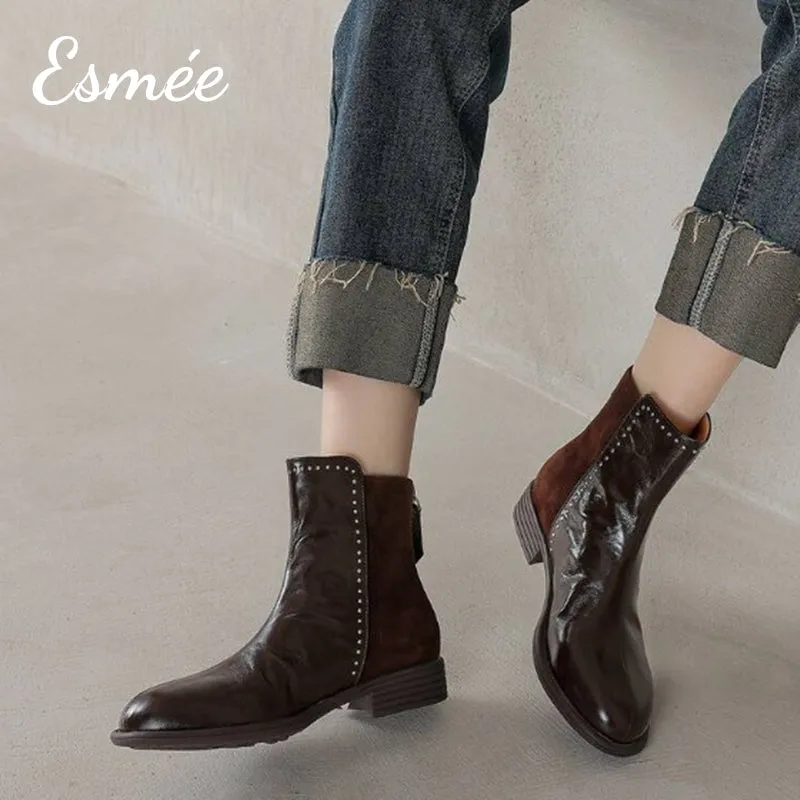 Leather Suede Ankle Boots with Rhinestone Design