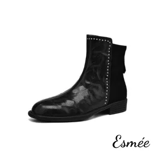 Leather Suede Ankle Boots with Rhinestone Design