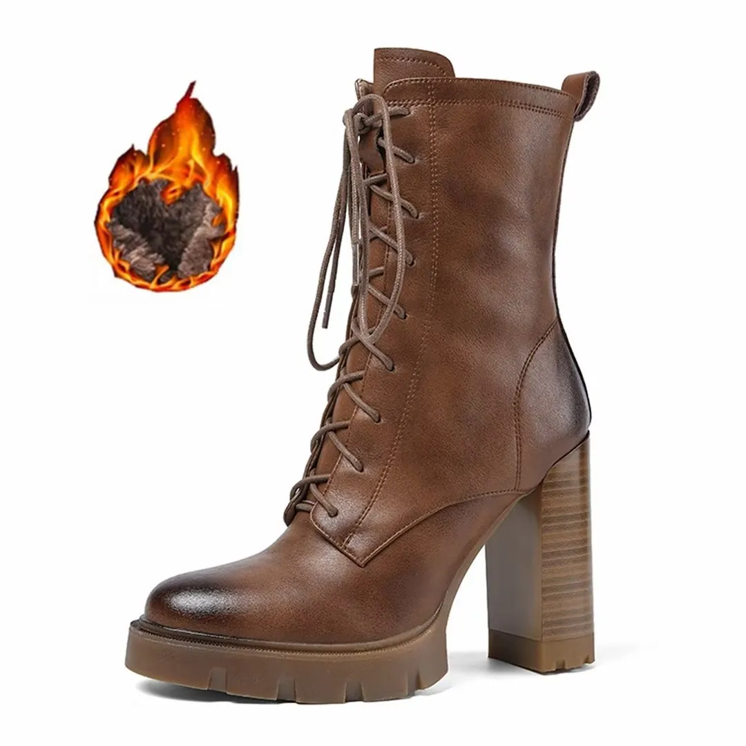LeatherLux Chic Cowhide Winter Lace-Up Boots
