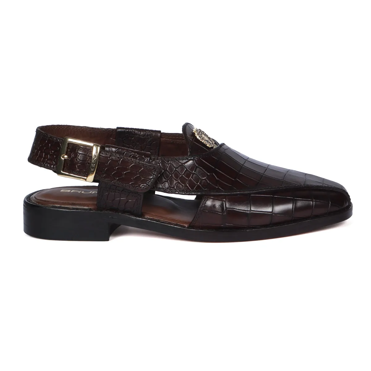 Light Weight Peshawari Sandals Cross Design Dark Brown Deep Cut Croco Textured Leather