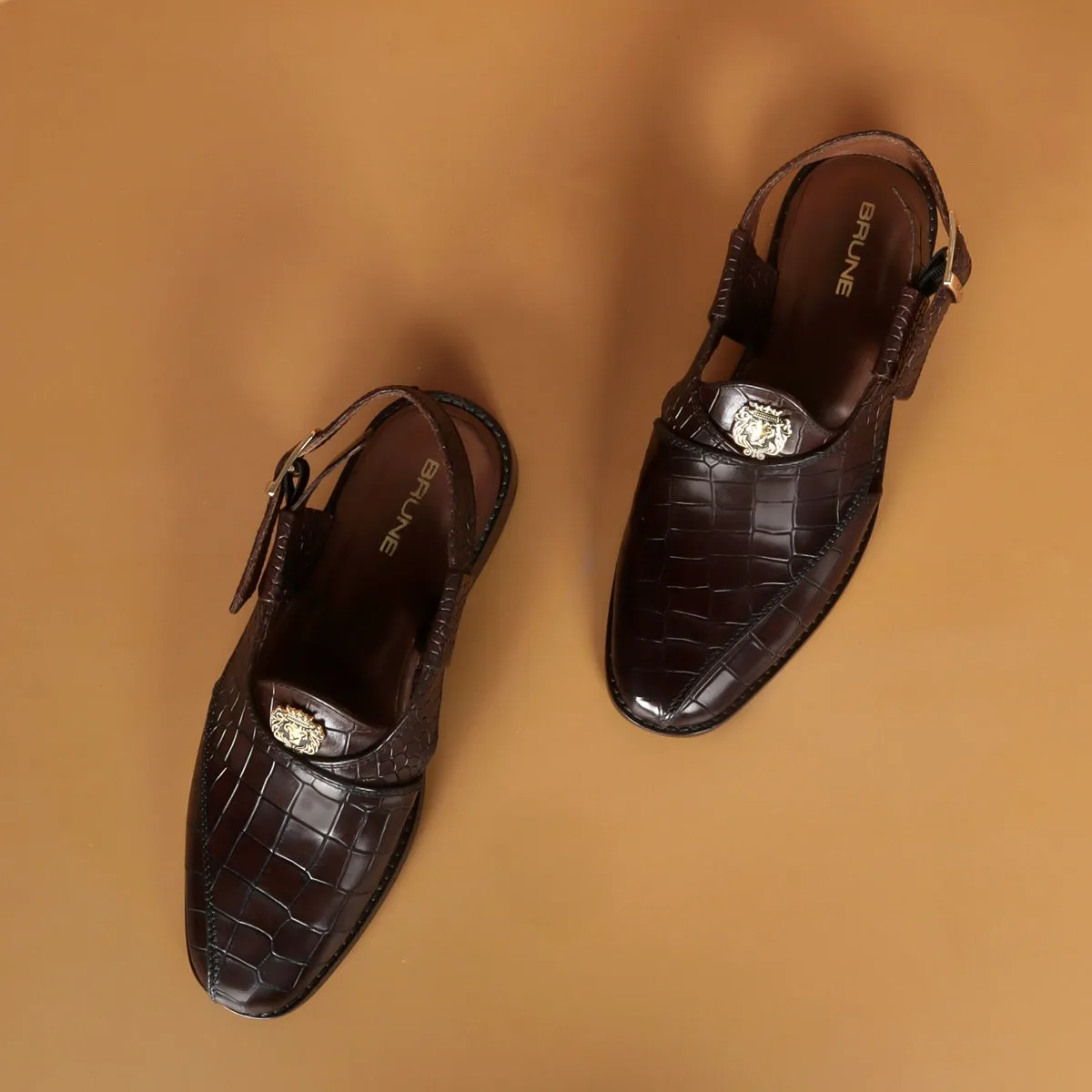 Light Weight Peshawari Sandals Cross Design Dark Brown Deep Cut Croco Textured Leather