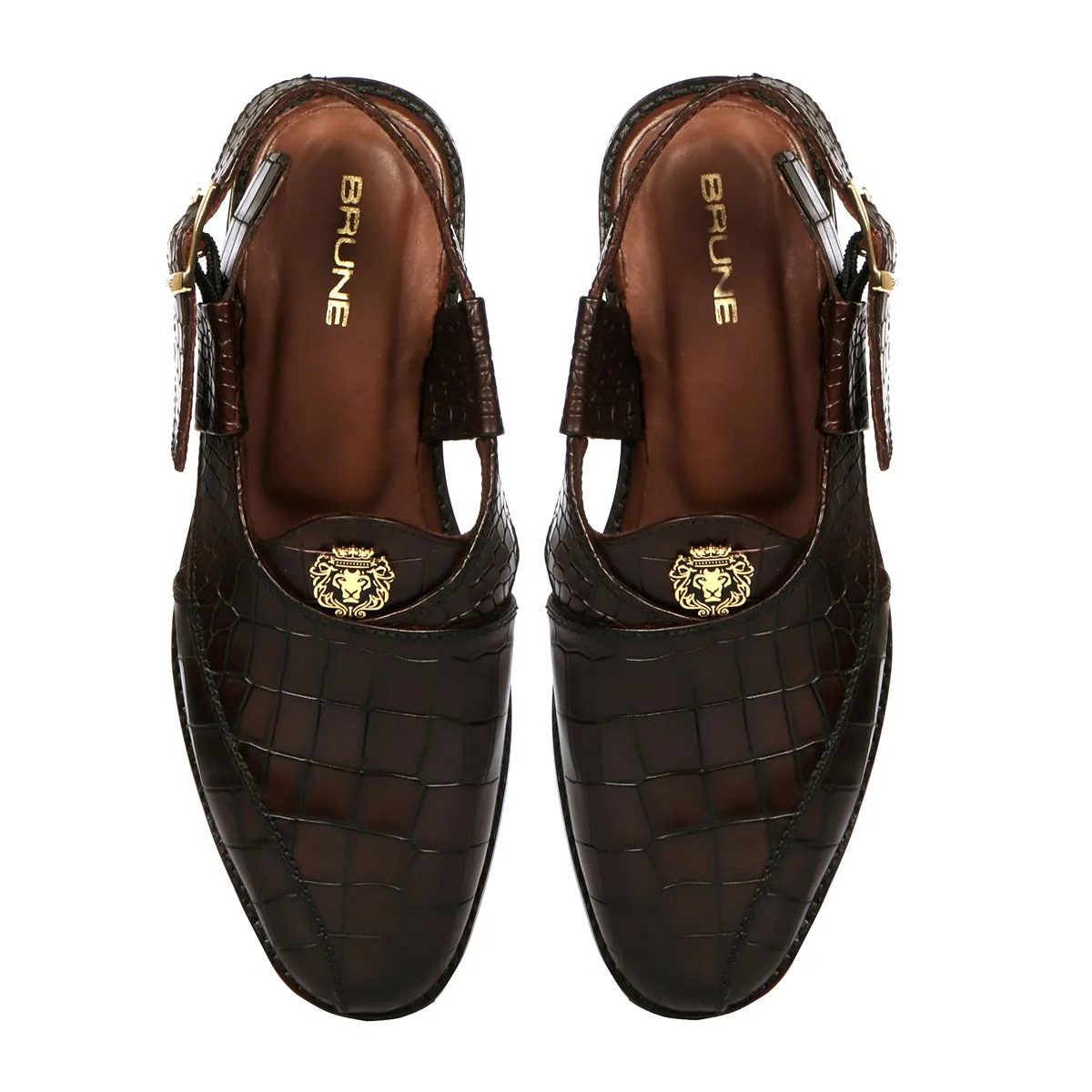 Light Weight Peshawari Sandals Cross Design Dark Brown Deep Cut Croco Textured Leather
