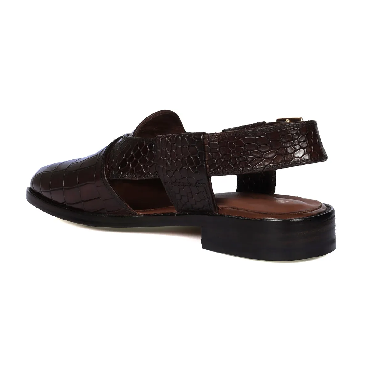 Light Weight Peshawari Sandals Cross Design Dark Brown Deep Cut Croco Textured Leather