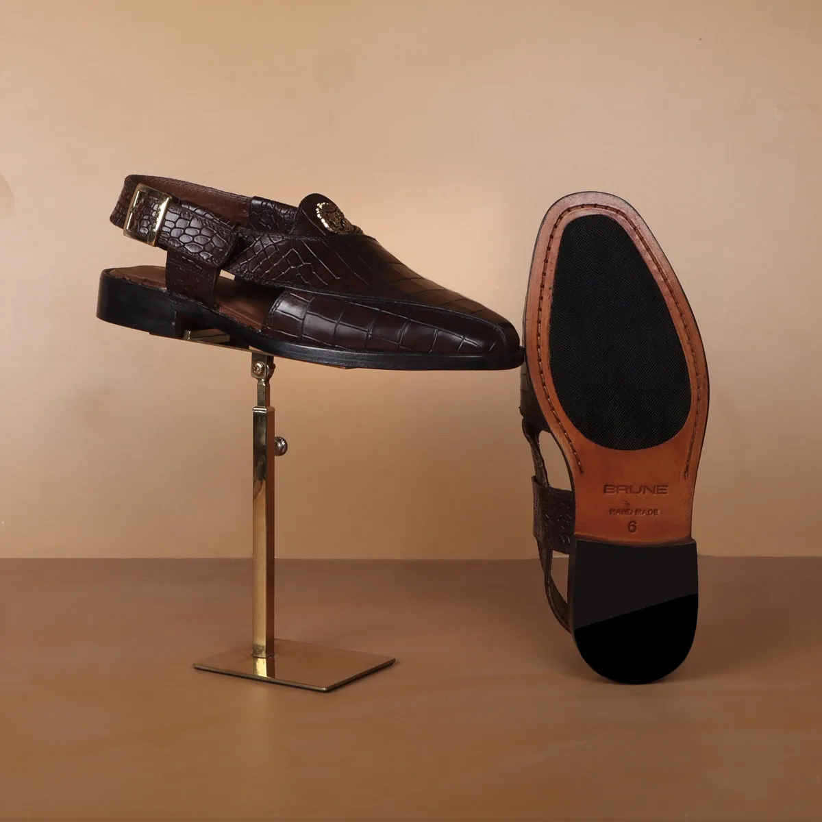 Light Weight Peshawari Sandals Cross Design Dark Brown Deep Cut Croco Textured Leather