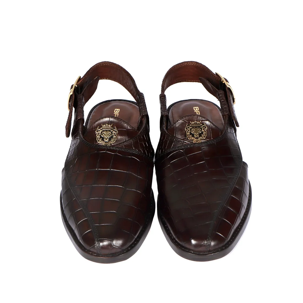 Light Weight Peshawari Sandals Cross Design Dark Brown Deep Cut Croco Textured Leather