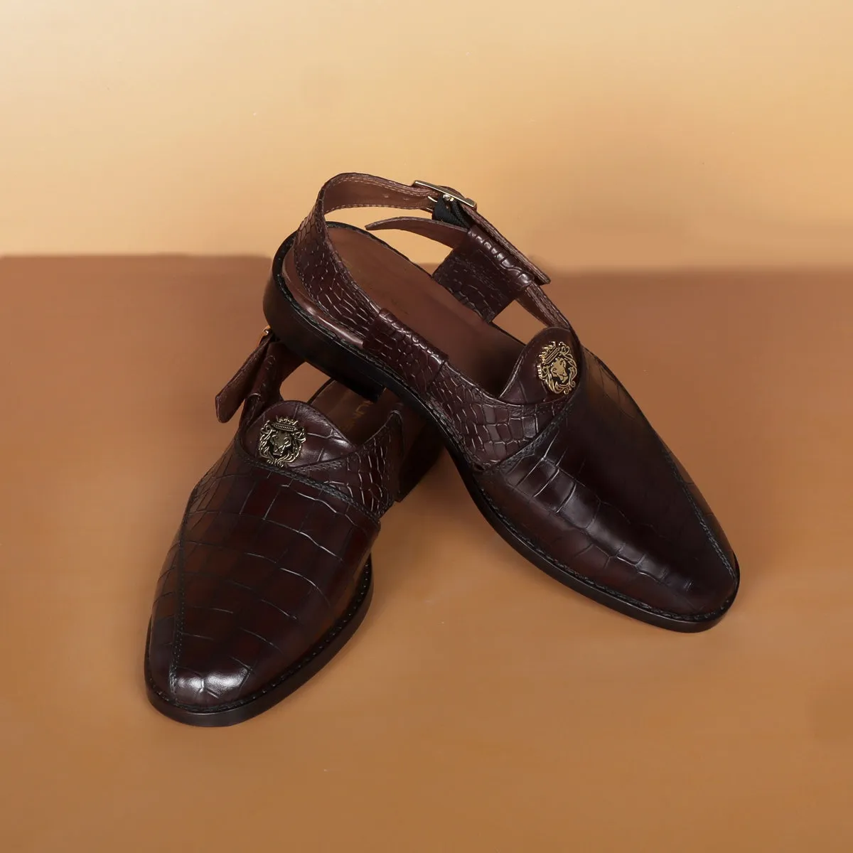 Light Weight Peshawari Sandals Cross Design Dark Brown Deep Cut Croco Textured Leather