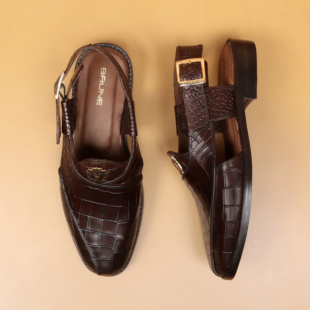 Light Weight Peshawari Sandals Cross Design Dark Brown Deep Cut Croco Textured Leather