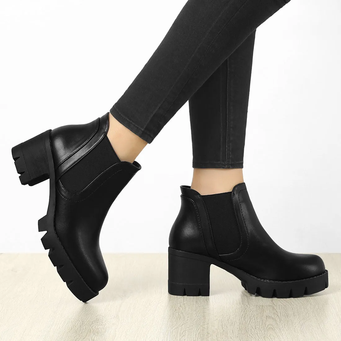Lug Sole Chunky Heel Chelsea Ankle Boots
