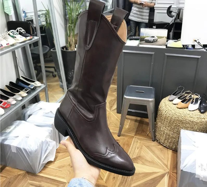 LUXE SEVEN DESIGN CUBAN HEEL WESTERN HIGH ANKLE BOOTS