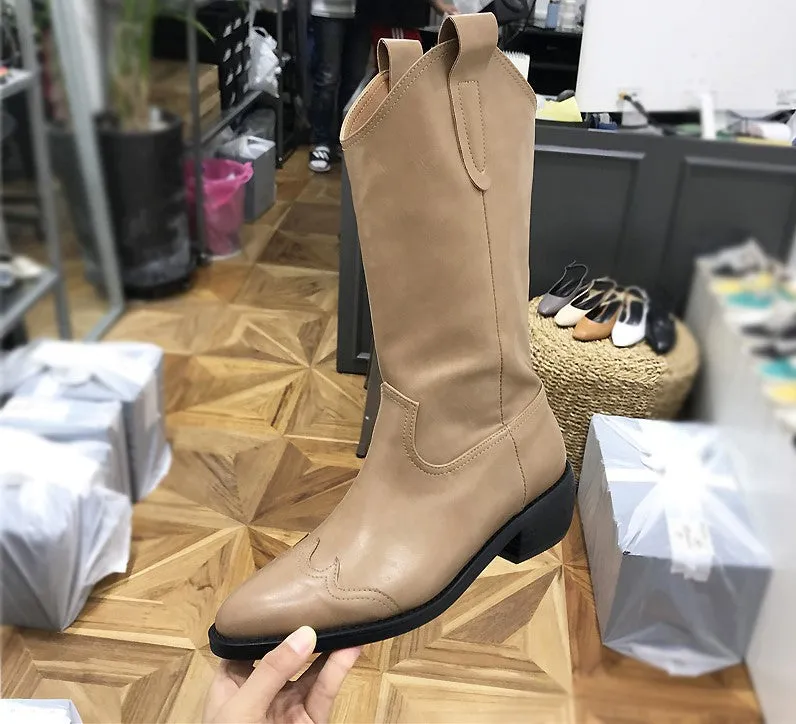 LUXE SEVEN DESIGN CUBAN HEEL WESTERN HIGH ANKLE BOOTS