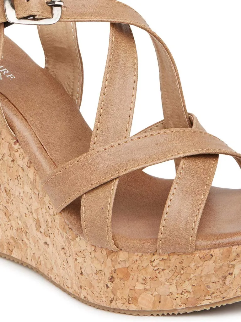 Marc Loire Women's Open Toe Fashion High Heel Buckled Closure Wedges Sandals (Tan, 7)